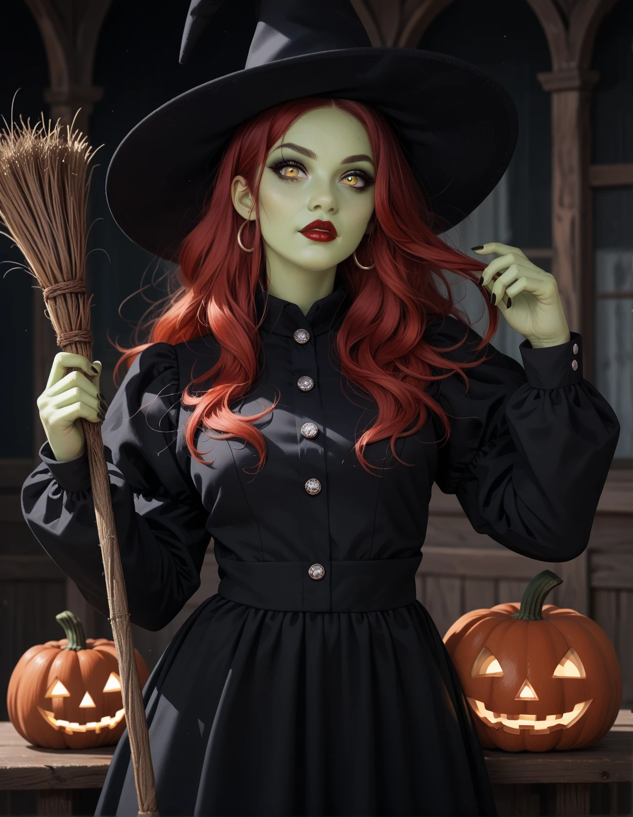 score_9, score_8_up, score_7_up, score_6_up, score_5_up, score_4_up, 1girl, solo, long red hair, green skin, yellow eyes, lipstick, eyeliner, hud_tr4d_w1tch, witch hat, black dress, long puffy sleeves, buttons, pumpkin, <lora:hud_tr4d_w1tch_XLP:0.6> , holding broom