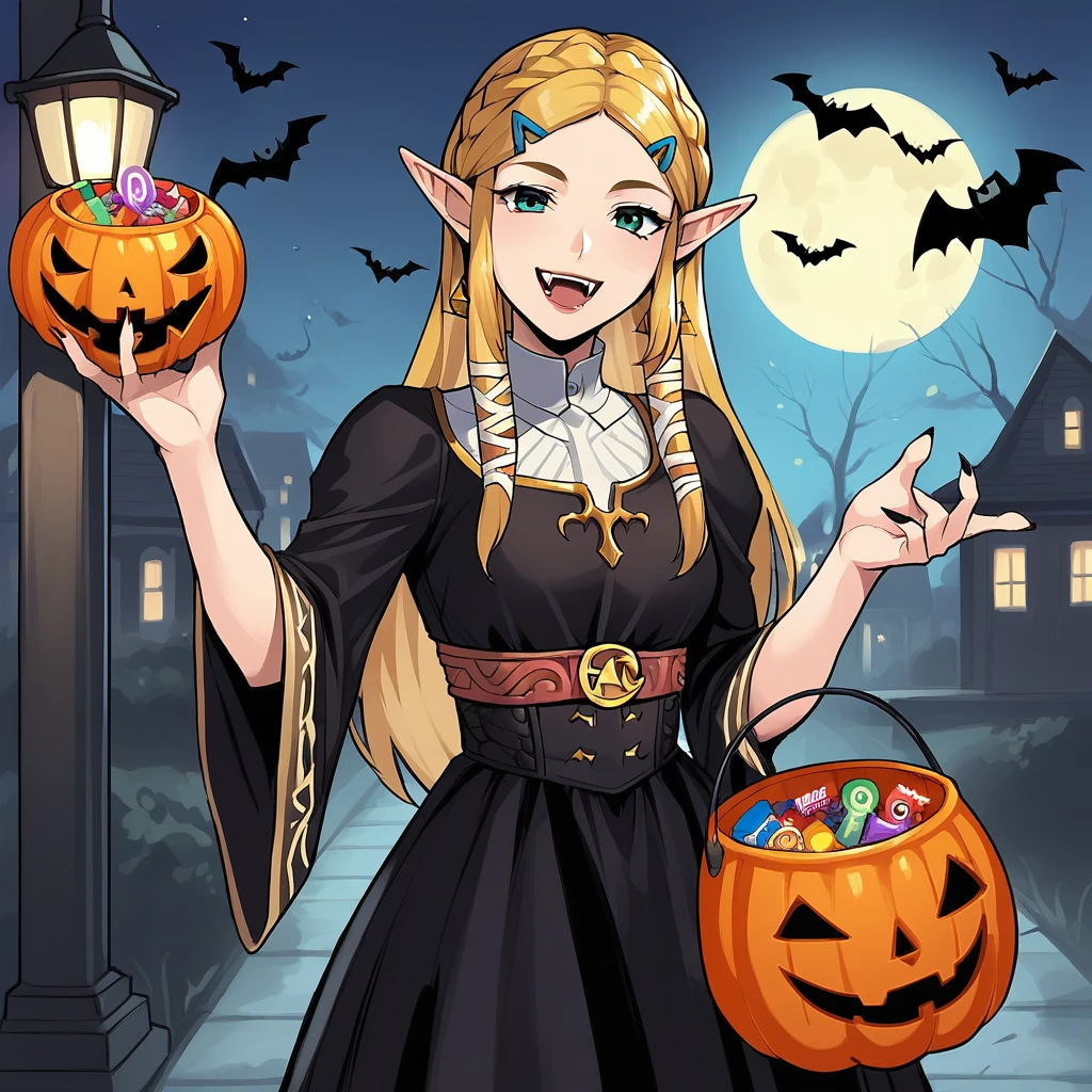 score_9, score_8_up, score_7_up, score_6_up, score_5_up, score_4_up, zPDXL2,source_anime,rating_questionable,solo, 1girl,princess zelda, vampire costume, black dress, fangs, smile, Halloween costume, <lora:Halloween_Bucket:0.8> h4llbck, halloween bucket, looking at viewer, holding, candy, outdoors, night time, moon