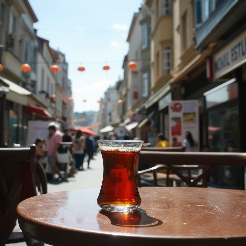 A glass of TurkishTea on a coffee table on the sideway near Bosphorus in Istanbul
 <lora:uai_TurkishTea_FLUX_v105:1>