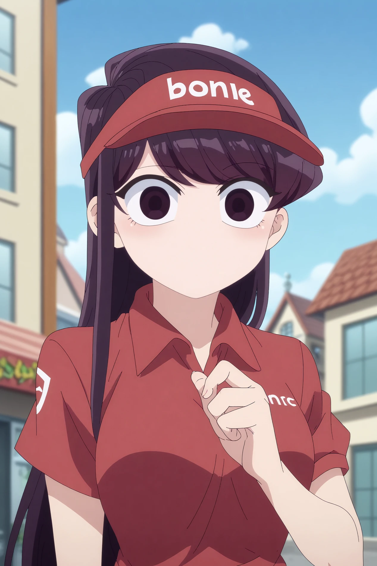 komi shouko,1girl,solo,long hair,looking at viewer,employee uniform,black hair,bangs,visor cap,light smile
BREAK
outdoors,school yard,school_building,tree
<lora:Komi_Shouko_-_Komi-san_wa_Komyushou_Desu.safetensors:0.8>