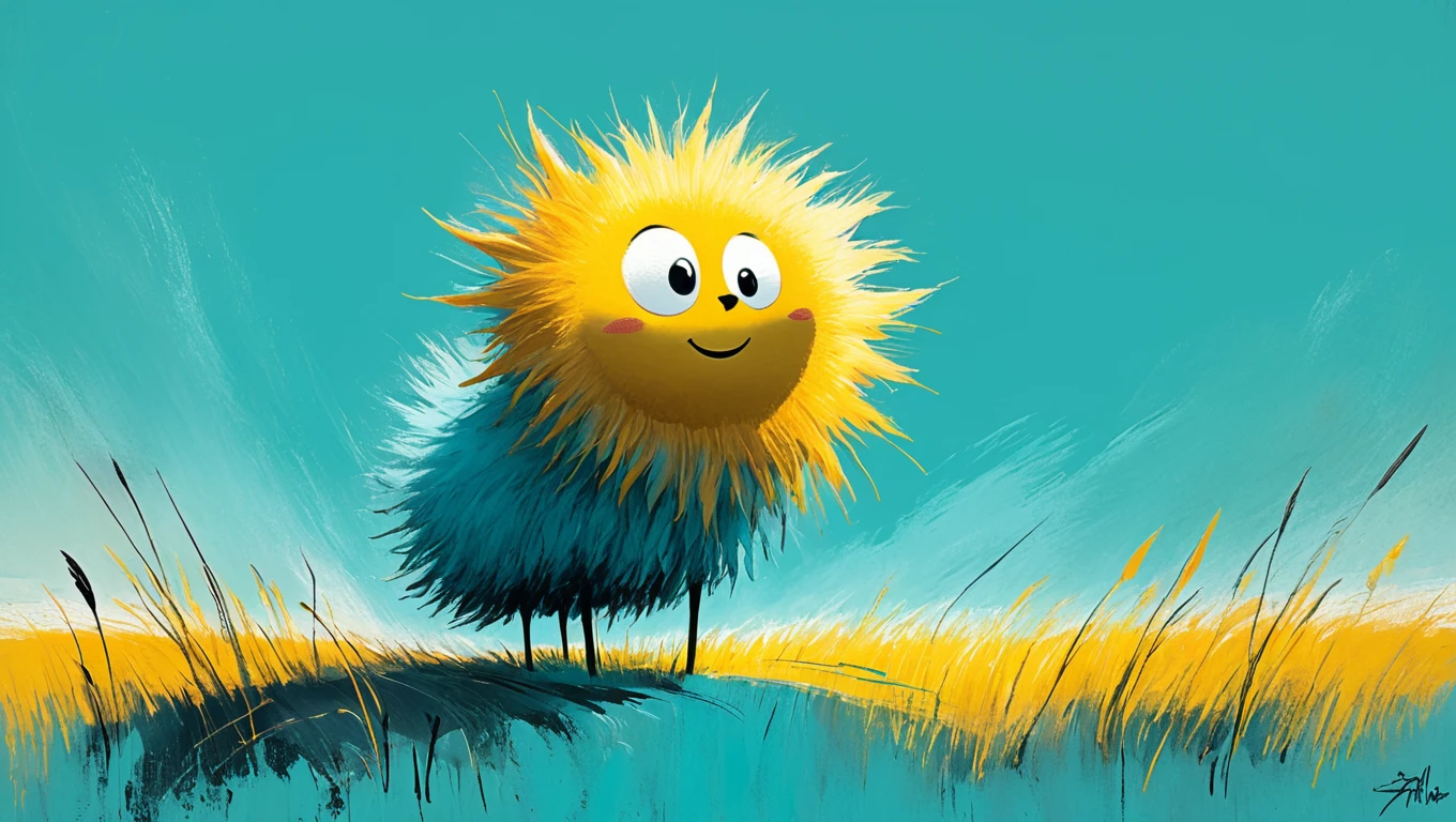 (((a fuzzy being with tufts of fur))) in a (a field painted with haphazard brush strokes), evoking a sense of subtle excitement with the theme of unexpected warmth. Rendered in vintage animation style style using mediums such as colored pencil with oil pastels, graffiti-style spray and stencil, oil pastels on rough canvas, featuring a color palette of sun-kissed yellows against cool teals. Accents include curved lines guiding motion, faded silhouettes of trees, with special stylistic elements like delicate shading around eyes, wide and energetic strokes, soft haze around bright colors.  <lora:artfullyBAAH:1>