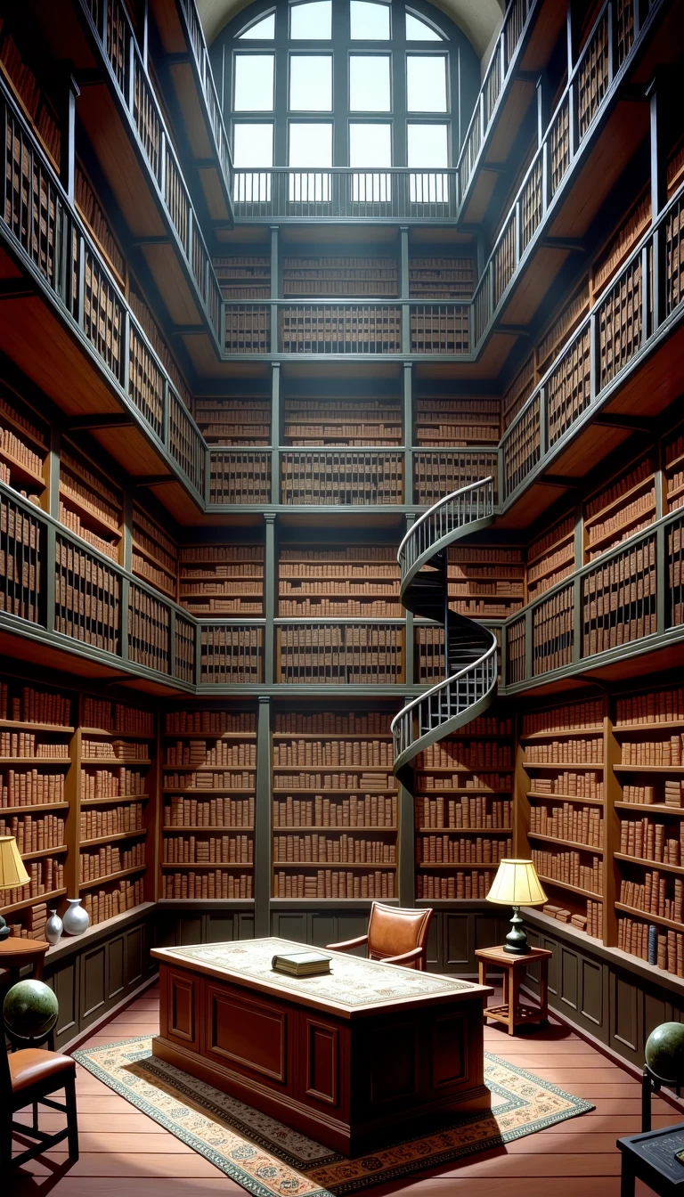 A magnificent library with towering bookshelves that stretch to the ceiling, packed with old leather-bound books. A spiral staircase winds up to a second-level balcony, and a large, wooden desk sits in the center of the room. Floor-to-ceiling windows fill the space with natural light, and globes, maps, and antique curios are scattered around.  <lora:Everly Heights Retro Cel-Frame FLUX:1>