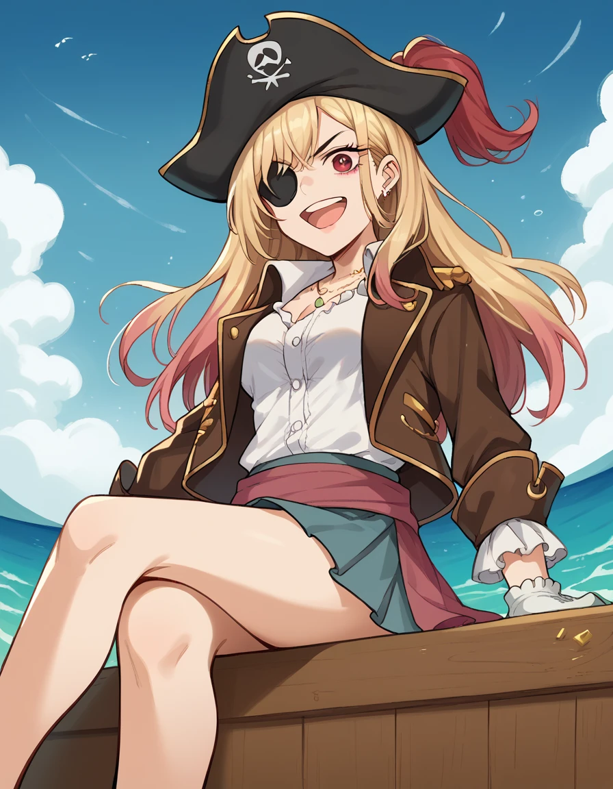 score_9, score_8_up, score_7_up, source_anime, marinkitagawa, <lora:marin-kitagawa-ponyxl-lora-nochekaiser:1>, marin kitagawa, long hair, bangs, blonde hair, red eyes, multicolored hair, medium breasts,, <lora:pirate-costume-ponyxl-lora-nochekaiser:1>, pirate costume, pirate hat, skirt, gloves, jacket, shirt, eyepatch,, blue sky, sea, ocean, pirate ship, treasure, gold, smug, open mouth, from below, sitting,, cowboy shot