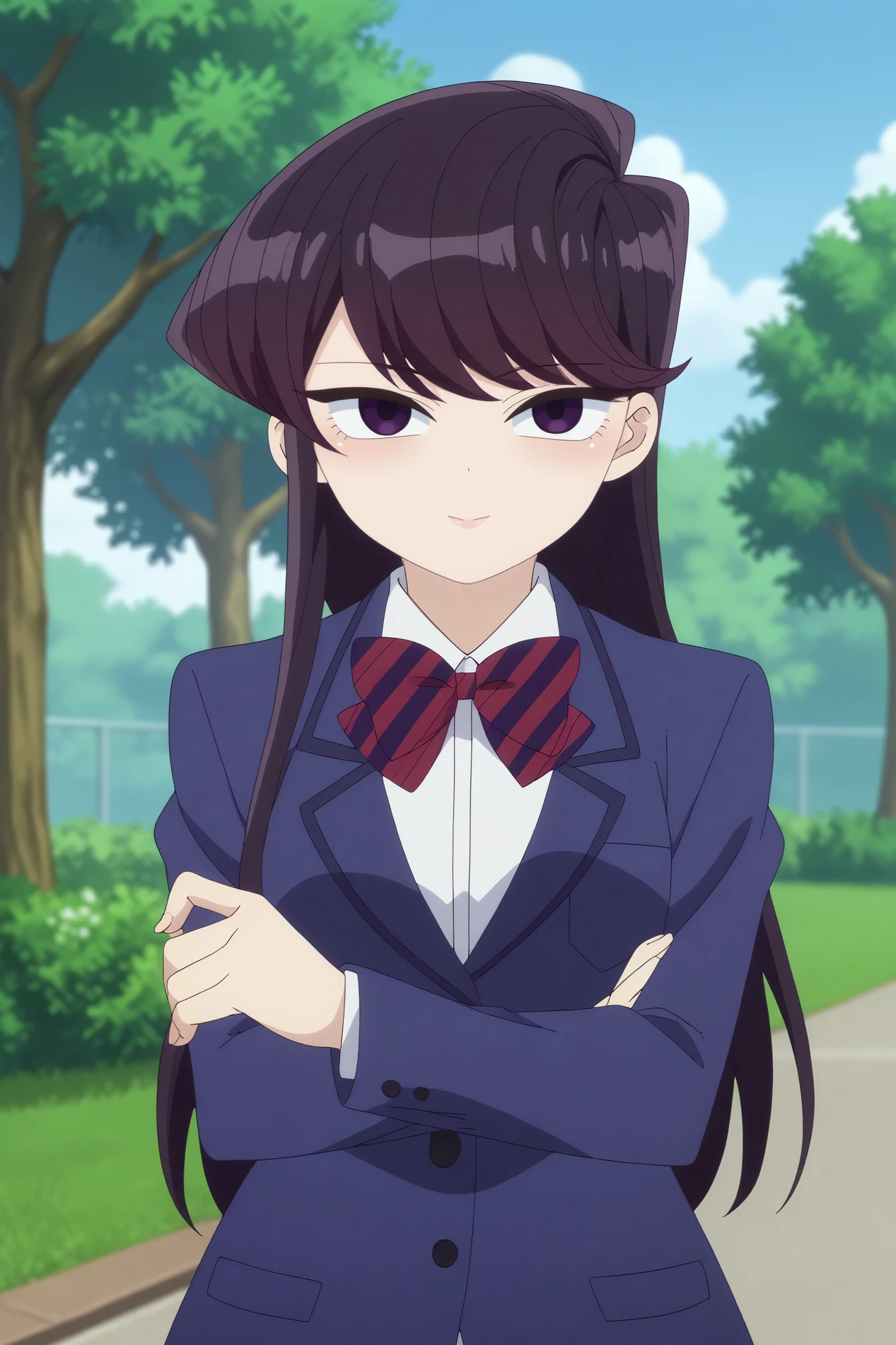  komi shouko,1girl,solo,long hair,looking at viewer,pantyhose, jacket,school uniform,black hair,bangs,bow,bowtie,striped clothes,light smile BREAK outdoors,school yard,school_building,tree   Pouting with crossed arms,  <lora:Komi_Shouko_-_Komi-san_wa_Komyushou_Desu.safetensors:0.8>