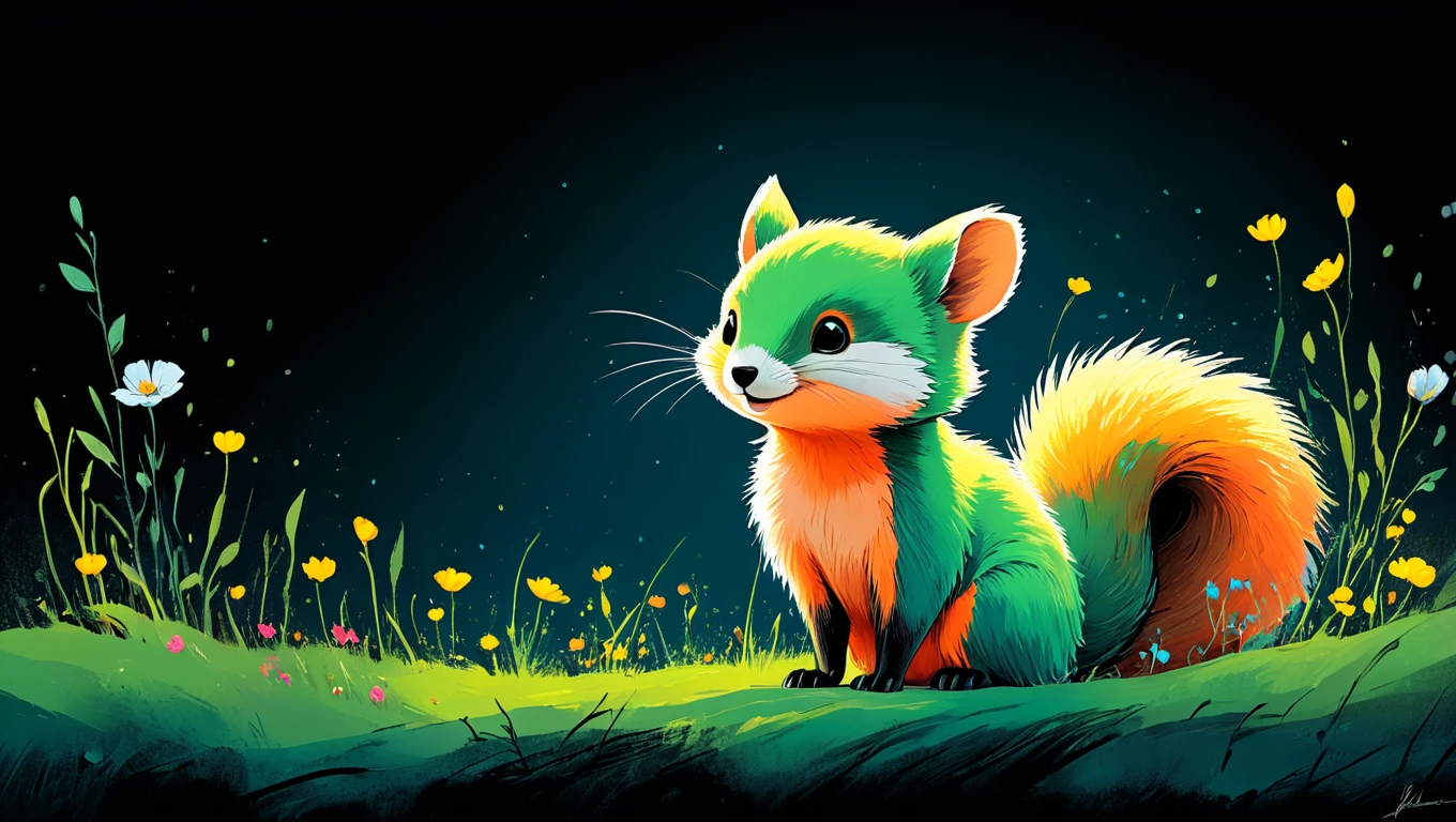 (((a bushy-tailed critter glowing softly))) in a (a windswept plain with blooming wildflowers), evoking a sense of curious calm with the theme of unconventional joy. Rendered in vivid pop art style using mediums such as mixed media with pencil and paint, textured digital brushes, charcoal lines with colored smudges, featuring a color palette of lively greens against bright coral. Accents include rough outlines framing the focus, splashes of paint around the edges, with special stylistic elements like light spots mimicking reflections, sharp angles breaking symmetry, quick, sketchy linework.  <lora:artfullyBAAH:1>