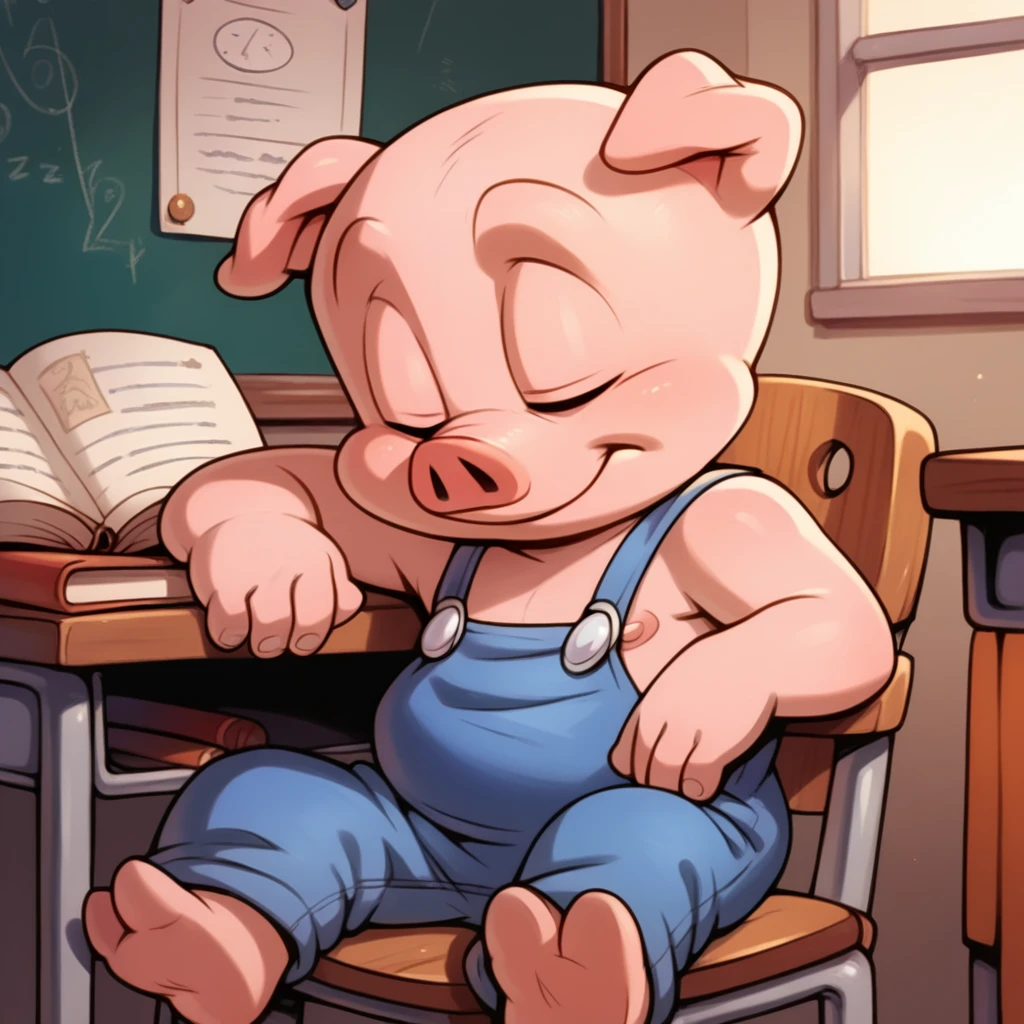 classroom, <lora:hamton-v1-11:0.9> tthamtonjp, pig boy, anthropomorphic pig, gnome, blue overalls, sitting, chair, solo, topless, barefoot, black eyes, open book, sleeping on desk
, score_9, score_8_up, score_7_up, score_6_up, score_5_up, score_4_up