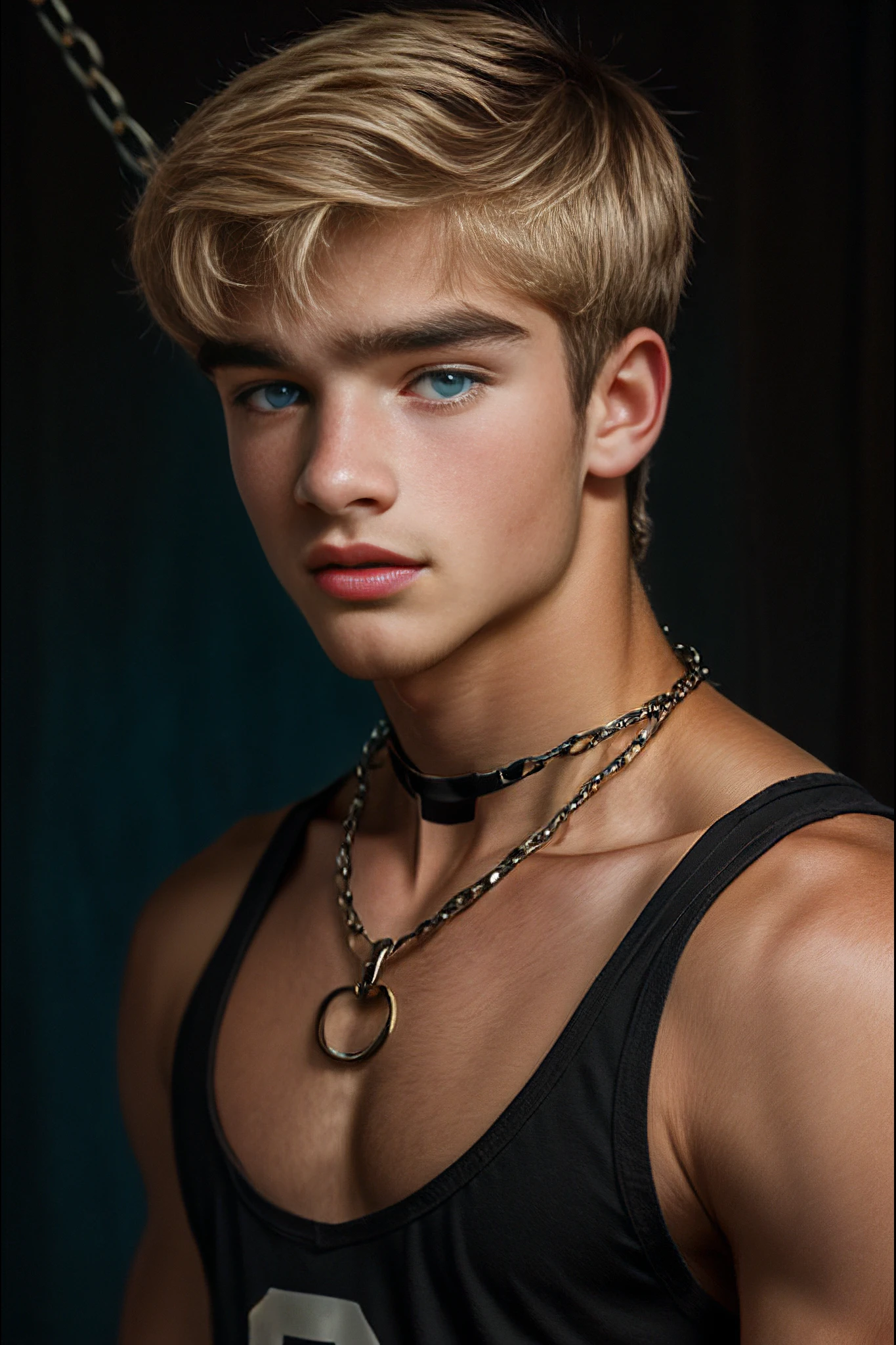 <lora:Jason_v1_GV:1>  A handsome young college man with short blonde hair and bright blue eyes wearing black tank top, chain around neck. Background, frat house, face Portrait <lora:muscle_slider_v1:-1.5>