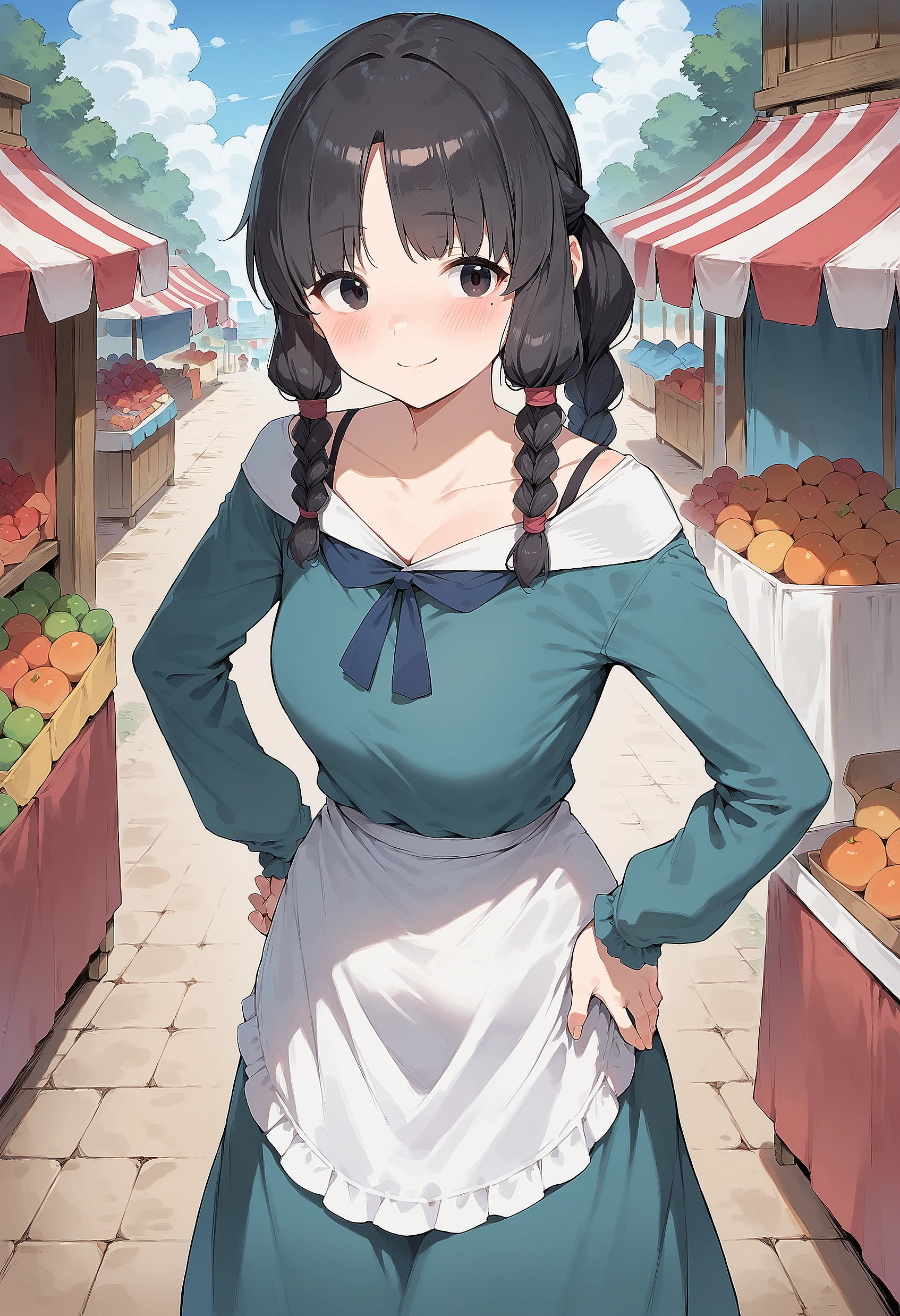 score_9, score_8_up, score_7_up, anime_style, 2D, Reina, 1girl, solo, long hair, black hair, black eyes, breasts, looking at viewer, blush, smile, bangs, long sleeves, dress, closed mouth, braid, sidelocks, mole, twin braids, hand on hip, mole under eye, hands on hips, market exterior