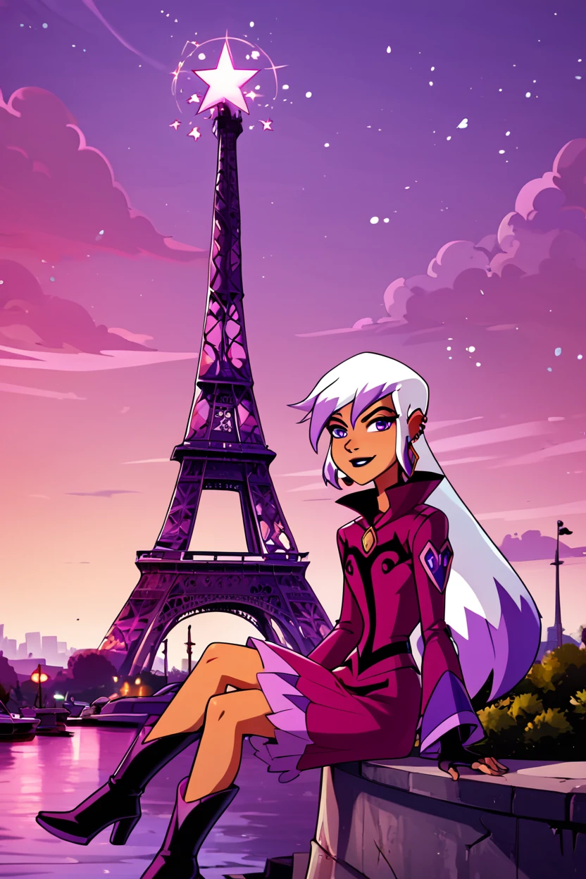 score_9, score_8_up, score_8,     BREAK, , ,,,  zCharmcaster, purple eyes, white hair, long hair, hair between eyes, purple hair, ear piercing, earrings, gloves, makeup, fingerless gloves, magic, <lora:Charmcaster_Ben10Omniverse_PDXL:1.0>, ,,,  , BREAK, zzEiffelTower in background, sitting, watercraft, boat, sitting on wall, side view, looking at viewer, smile, ,,, BREAK, blooming stars, luminescent petals, otherworldly fragrance blurry background, ,,, embedding:zPDXL, Expressiveh, ,,, <lora:EiffelTowerPDXL:0.8>, <lora:CatalystStylePDXL:0.6>, <lora:SDXLFaeTastic2400:0.5>, <lora:Expressive_H-000001:0.4>,