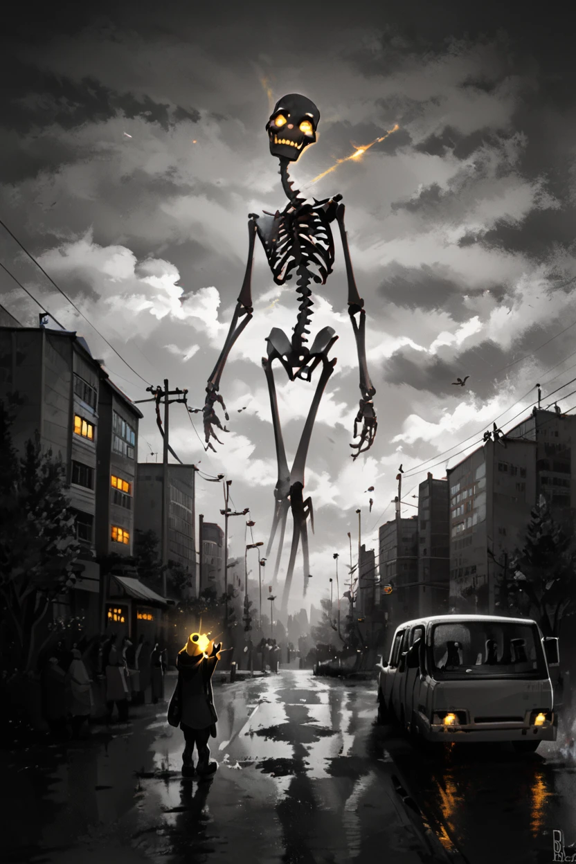 score_9, score_8_up, score_8,   BREAK, , zzGiantSkeleton, outdoors, sky, tree, standing, monochrome, power lines, cloud, no humans, glowing, city,  <lora:Giant_Skeleton_PDXL_v1:0.8>, , BREAK, looking at viewer, ,,, smile, waving, upper body, leaning forward, head tilt, ,,, embedding:zPDXL, Expressiveh, ,,, <lora:CatalystStylePDXL:0.6>, <lora:SDXLFaeTastic2400:0.5>, <lora:Expressive_H-000001:0.4>,