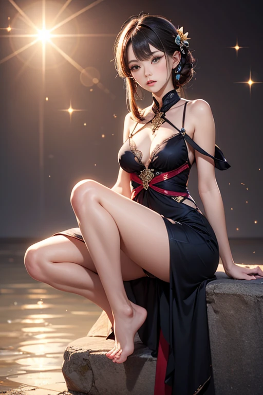 masterpiece, best quality, 1girl, dynamic angle, sparkle_background, lens_flare, barefoot, blush, strap_slip, bare_shoulders, sitting, dress,donghua_clothes,sexy_donghua,  <lora:sexy_donghua clothes0.1:0.2>