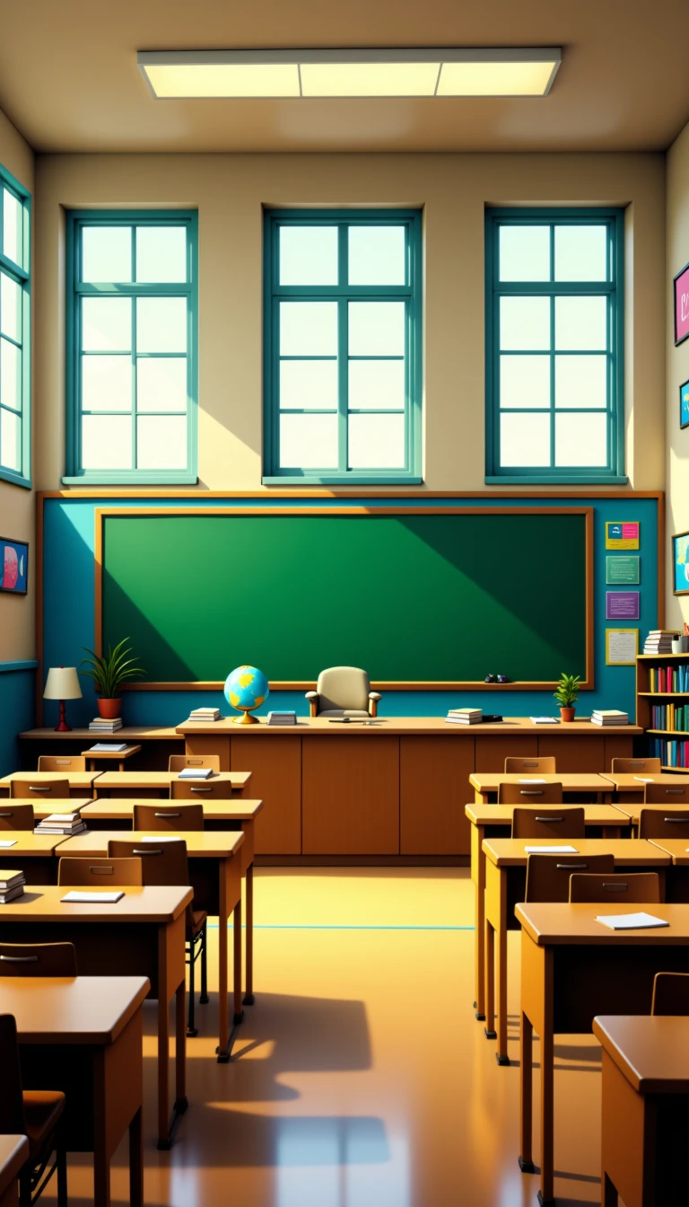 A school classroom with colorful posters lining the walls, a large blackboard at the front, and wooden desks arranged in neat rows. Sunlight pours through tall windows, and a globe and stack of textbooks sit on the teacherâs desk.  <lora:Everly_Heights_Set_Builder_FLUX:1>