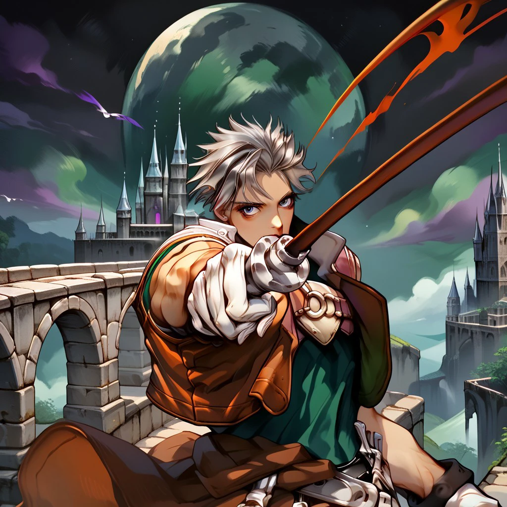 score_9, score_8_up, score_7_up, score_6_up, score_5_up, score_4_up, csdb, castle background, stone bridge, bright moon, dark colorful cloudy skies, natgra, gray eyes, short hair, silver hair, steel greaves, plated footwear, brown skirt, black pants, green shirt, brown leather vest, silver belts, white gloves, silver chest plate, holding whip (weapon)