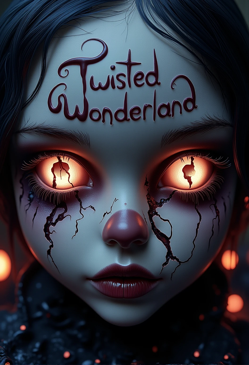 bv-twiwonsty. A close-up of a sinister spirit, focusing on their broken mask, surrounded by arcane symbols. The image includes the text ("Twisted Wonderland":1.5) in a whimsical font, positioned at the top of the scene. , <lora:bv-twisted-wonderland-style-v1.safetensors:1.0:1.0>