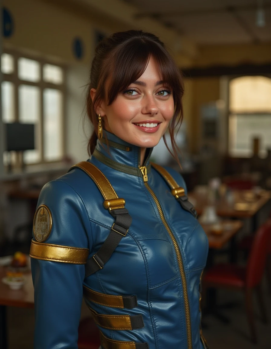 <lora:Ella_Purnell_Flux:1>  beautiful detailed photograph,  brown hair ponytail with loose strands framing her face, wearing a  Vault tech blue and gold color latex vault suit, standing in a ruined cafe looking at the viewer, smiling