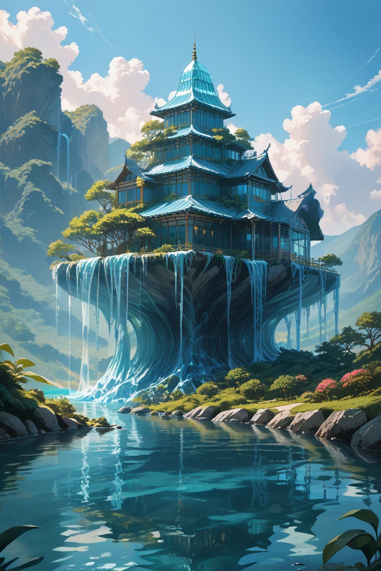 score_9, score_8_up, score_7_up, source_anime, rating_safe, day, natural lighting, fantasy transparent liquid-structure focus, Dawater, water, waterfall, transparent, dripping, Dawater_architecutre, Dawater_clutter, intricately detailed illustration, depth of field, atmospheric perspective