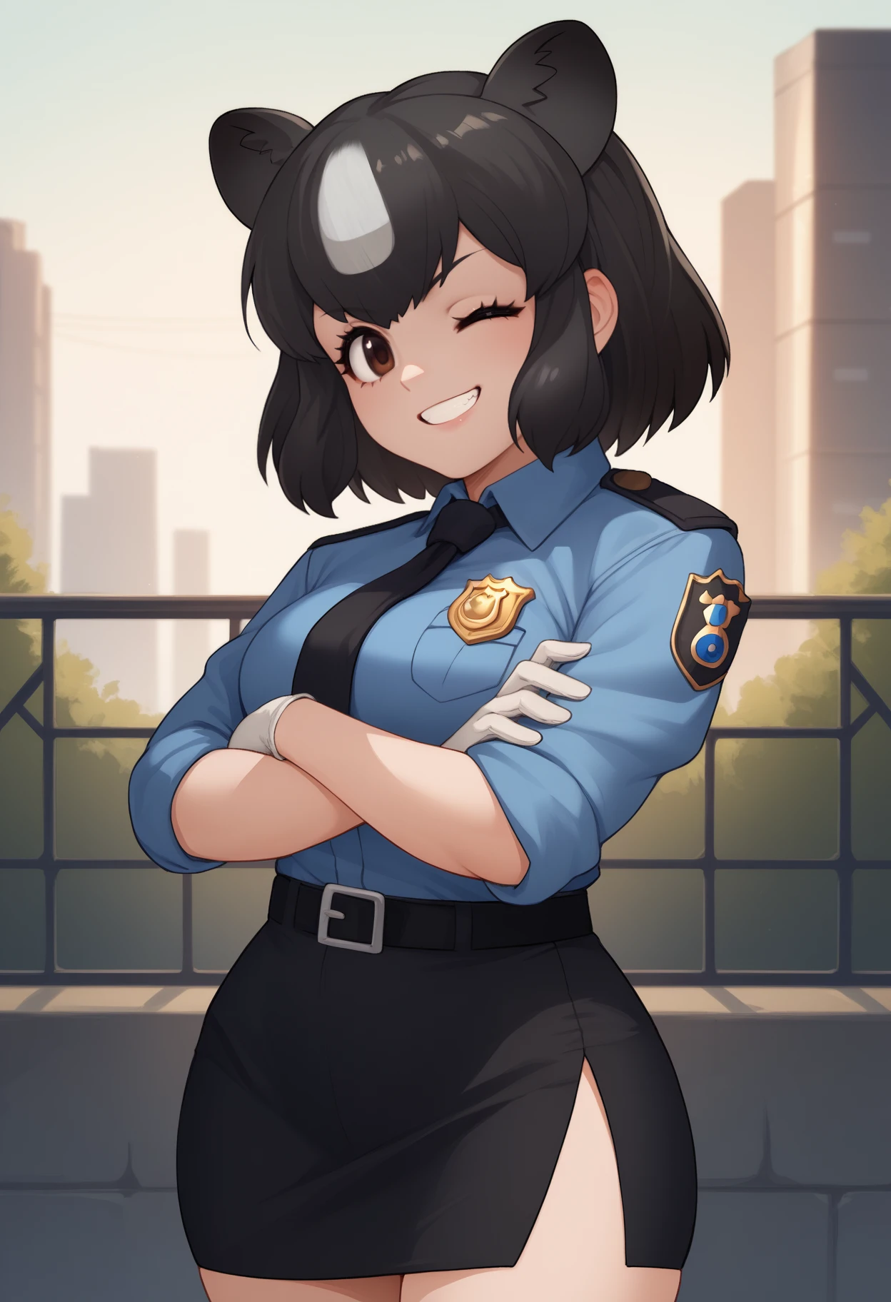 score_9, score_8_up, score_7_up, source_anime, <break> solo, 1girl, br0wnb3ar, bear girl, grin, looking at you, standing, crossed arms, multicolored hair, black hair, white hair, animal ears, extra ears, brown eyes, one eye closed, police uniform, blue shirt, collared shirt, black necktie, badge, sleeves rolled up, white gloves, blue skirt, pencil skirt, side slit, outdoors, city
<segment:yolo-face_yolov8m.pt,0.4,0.5//cid=1>