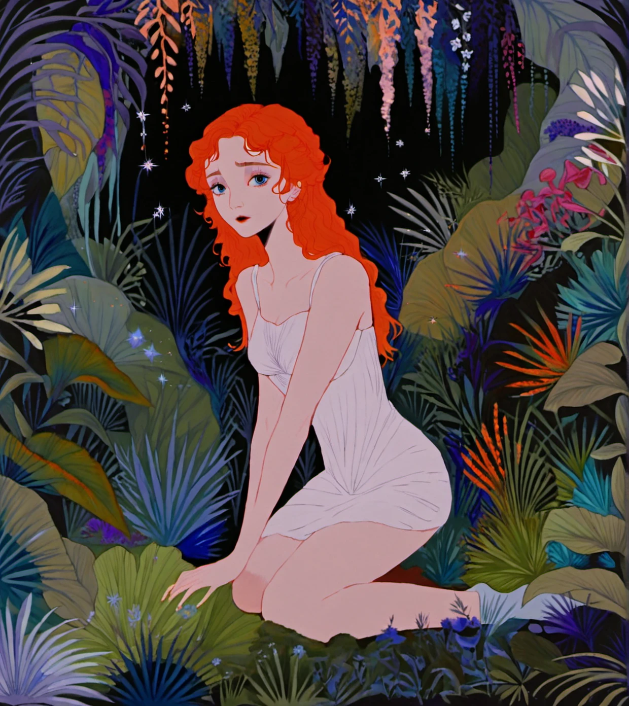 hxsj, a young woman with blue eyes that convey a sense of wonder or contemplation. her hair is voluminous, curly, and a vivid orange, cascading down her shoulders in gentle waves. she is dressed in a simple, white, sleeveless dress that drapes softly over her slender physique. she kneels on the ground in a lush, fantastical forest, surrounded by an array of exotic plants in shades of blue, green, and purple. the plants have a soft, organic texture, with some resembling delicate flowers and others resembling dense foliage. the background is a dark, almost black, void, making the vibrant colors of the plants and the woman's dress pop out vividly. the woman's right hand gently cradles a large, glowing white flower, which emits a soft, ethereal light, as if it were a celestial object.