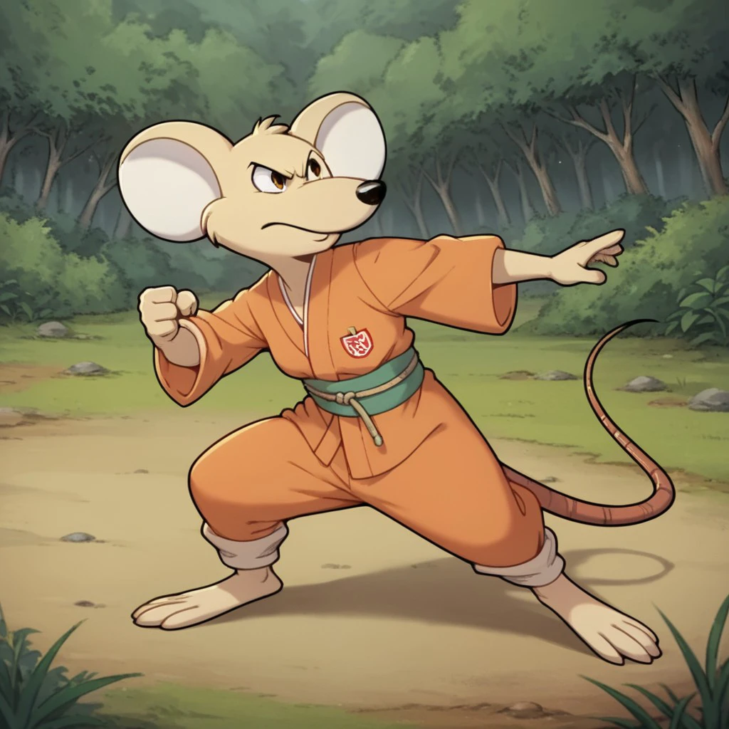 score_9, score_8_up, score_7_up, score_6_up, score_5_up, score_4_up, source_furry, Marciabb, young anthro, female, Marsupial Mouse, tan fur,  red-orange kimono, fighting stance, woods,, <lora:1a04c254-214b-43f5-a4af-9f875c02286c:0.7>