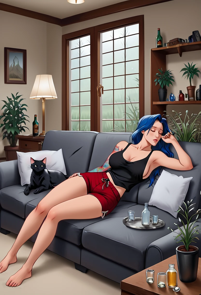 <lora:ReinaPXL-3:1> reinaPXL, blue hair,  arm tattoo, shoulder tattoo, leg tattoo, old manor living room, ashtray, lamp, potted plant, cat, weed, beer bottle, loose black tank top, downblouse, sideboob, outsided red shorts, slipping on couch, lying, closed eyes  <lora:WesternCartoonClassicDisney100:1>