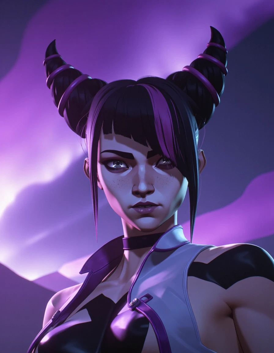 Anime style Women âââ <lora:Juri_Han_Fadoo-Flux:0.8> juriv1ff, juri han, black hair, hair horns, multicolored hair, the scene is illuminated by PURPLE ghostly Northern Lights. Emphasis on cold, menacing atmosphere, VIOLET invoking FLAMME <lora:ARCANE_STYLE_FADOO-FLUX:1> arc4n3style,âââ