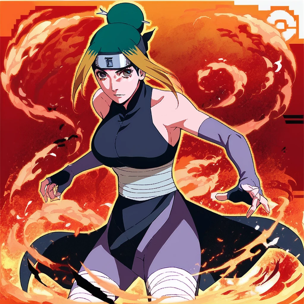 score_9,score_8_up,score_7_up,Pakura, 1girl, solo, brown eyes, multicolored hair, orange hair, green hair, black hair, brown hair, hair bun, single hair bun,  large breasts, Forehead protector, headband, ninja, sleeveless, bare shoulders, backless outfit, sunagakure symbol, gloves,  elbow gloves, bandages,  fingerless gloves, shorts,