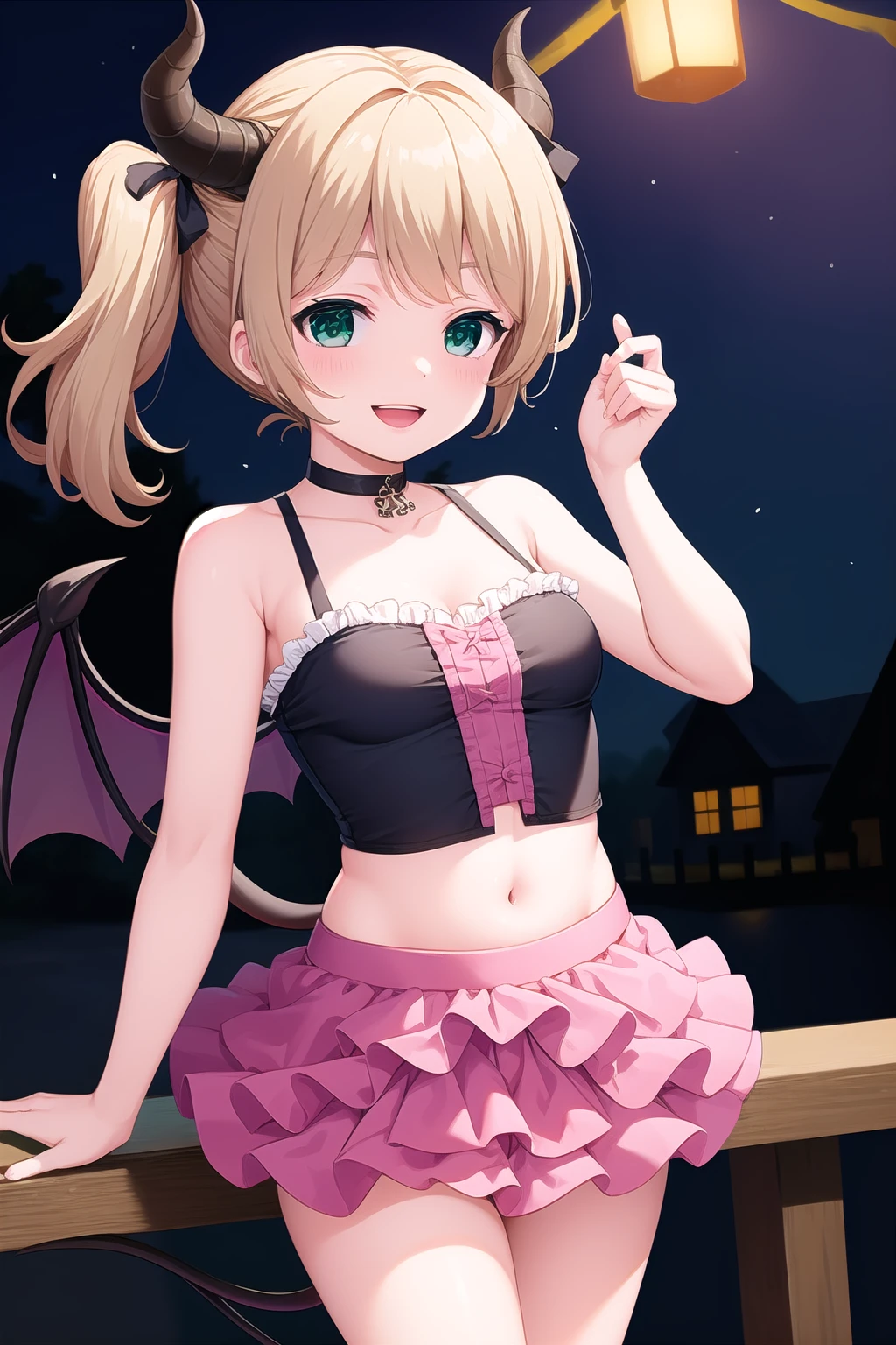 (masterpiece, best quality), highly detailed background, perfect lightingbest quality, etokurumi, solo, outdoors, night, halloween, demon girl, demon horns, blonde hair, side ponytail, bangs, short hair, green eyes, medium breasts, black choker, demon wings, black ribbon, bare shoulders, crop top, pink skirt, three-tone skirt, purple skirt, frilled skirt, layered skirt, demon tail, halloween costume, smile, open mouth, :d, pink lips, <lora:Eto-Kurumi:0.7>