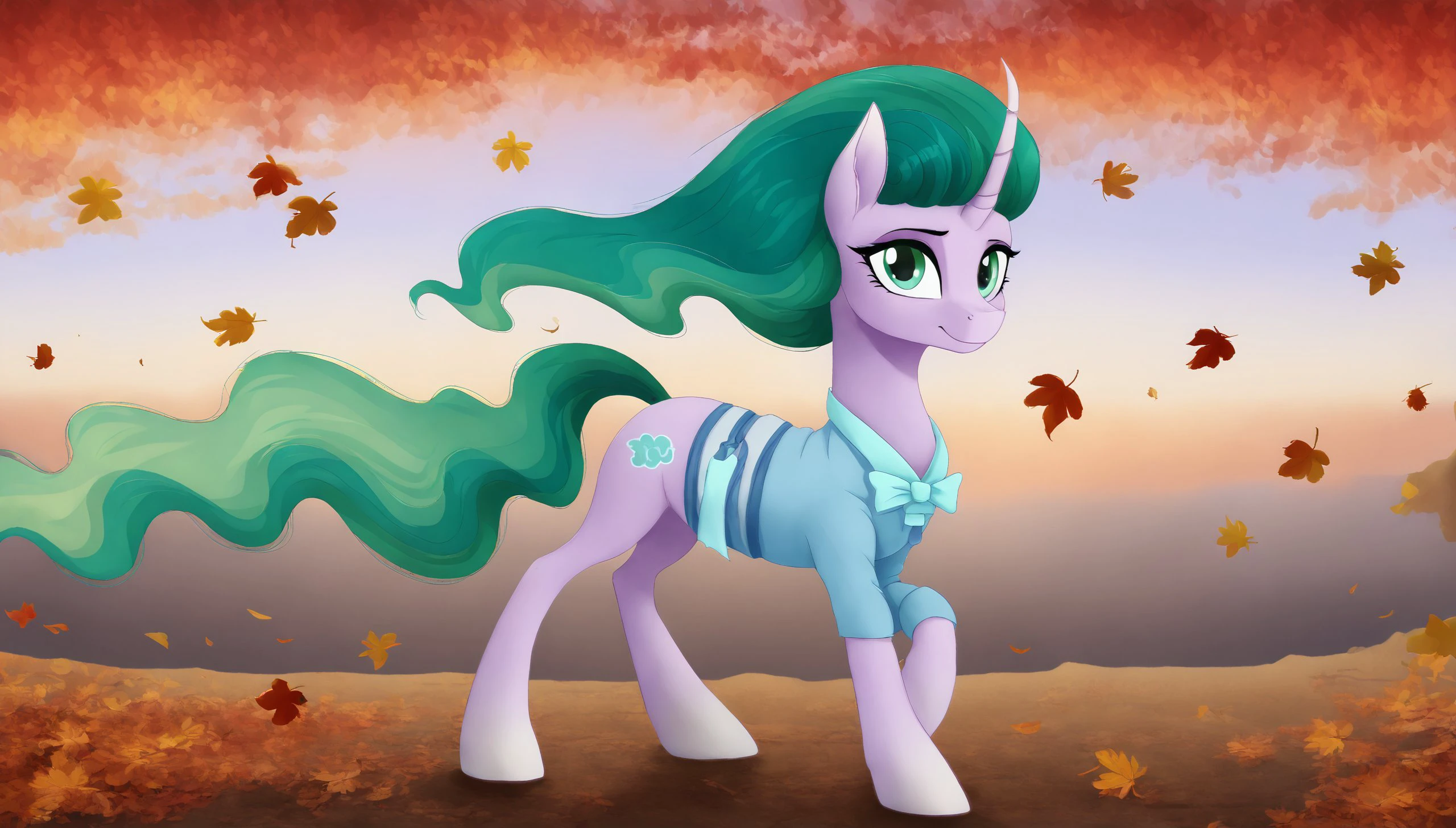 score_9, score_8_up, score_7_up, score_6_up, score_5_up, score_4_up, rating_safe,<lora:Mistmane:1>Mistmane, pony, unicorn, female, full body, green eyes, green and red leaves at sunset, in the background, fantasy, professional canvas, triad colours, deep colour, voluminous lighting, shading with dark edges, richly detailed, matte background, octane render style. (cute, pony, small,) (high quality, detailed, beautiful), radiant, adorable face, detailed beautiful eyes, realistic, outstanding, counter shading, detailed soft lighting, cinematic vintage photography.<lora:OtherStyle_01:1> <lora:mlp_g5(1):1> <lora:Wholesome_MLP-v1.2:1>