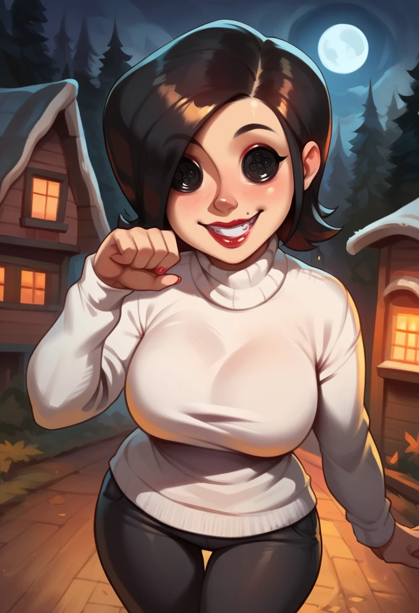 score_9, score_8_up, score_7_up, 1girl, cute pose, squeezing, looking at viewer, cowboy shot, detailed background, dynamic pose, dynamic angle, cute pose, house in the background, forest, moon, night, from above, happy,
<lora:MelJonesCoraline_character:0.8>, MotherXLP, short hair, black eyes, lipstick, buttom eyes, white sweater, pants, horror \(theme\), makeup, curvy, large breasts,  <lora:Bonifasco_PonyXL_v1:0.6>