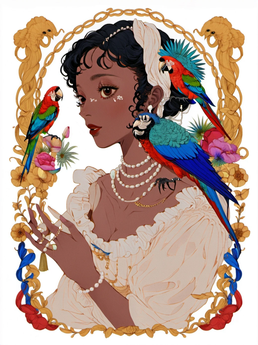 hxsj, a woman with dark skin and a serene expression. she is depicted with a rich, dark complexion and short, curly hair. she wears an off-white, high-collared dress with intricate, ruffled details, reminiscent of victorian fashion. around her neck, she has a string of white pearls. 

she cradles a vividly colored parrot with a striking red body, blue wings, and a yellow beak. the bird is perched on her left hand, with its head turned towards her. the woman's right hand gently holds the parrot's body.