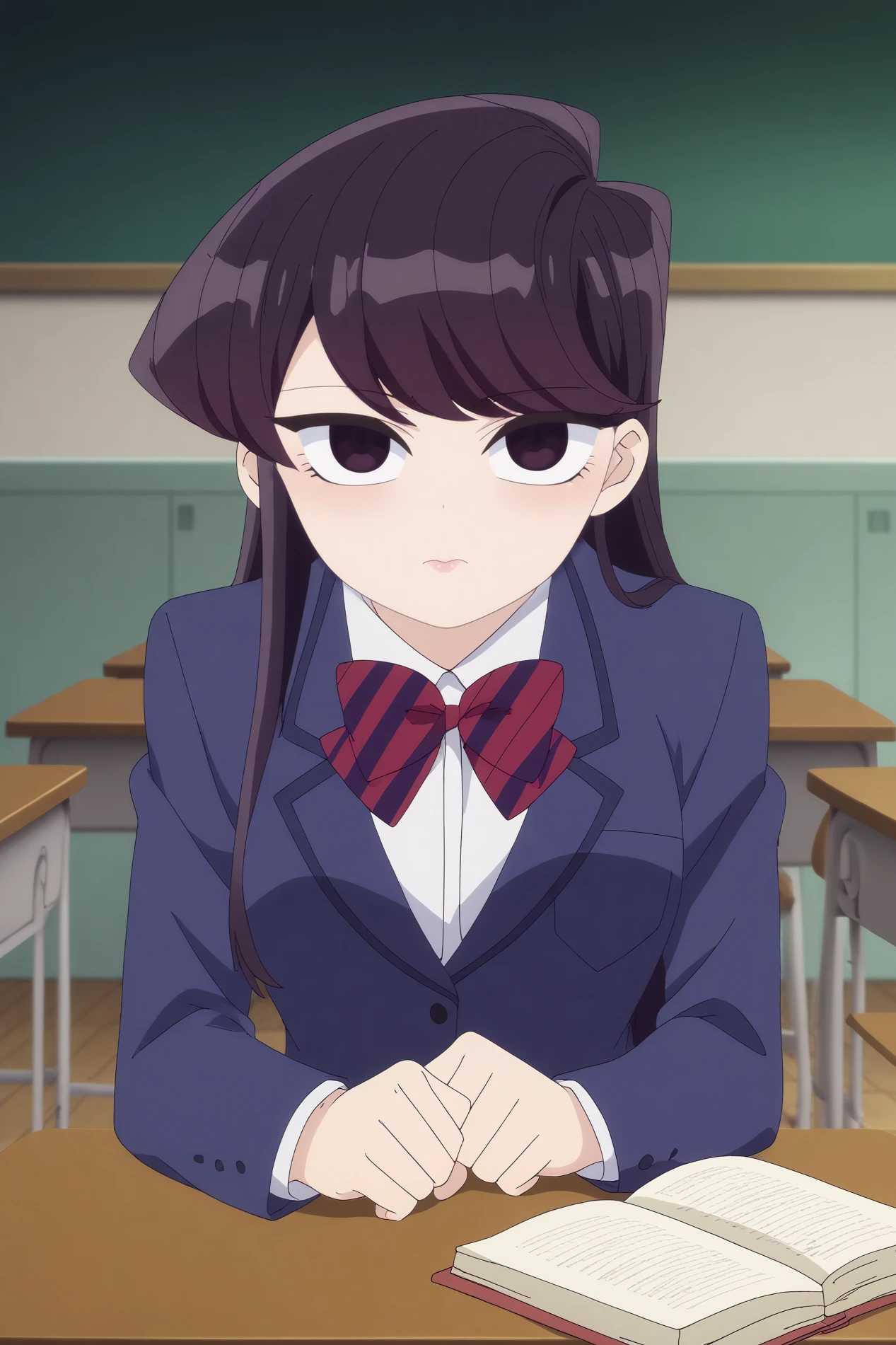  komi shouko,1girl,solo,long hair,looking at viewer,pantyhose, jacket,school uniform,chalkboard,black hair,bangs,bow,bowtie,classroom,striped clothes  BREAK indoors,classroom   Lying on stomach with legs bent and kicking up,  <lora:Komi_Shouko_-_Komi-san_wa_Komyushou_Desu.safetensors:0.8>