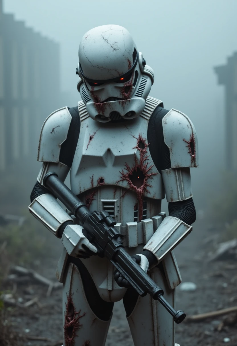 Imagine an image in the style of ultra-realistic horror photography. A decayed zombie Stormtrooper stands in the middle of an abandoned, fog-laden battlefield. Pieces of armor are cracked, revealing decaying flesh underneath, with glowing red eyes piercing through the helmet's visor. The fog swirls around him, and faint ghostly silhouettes appear in the background.