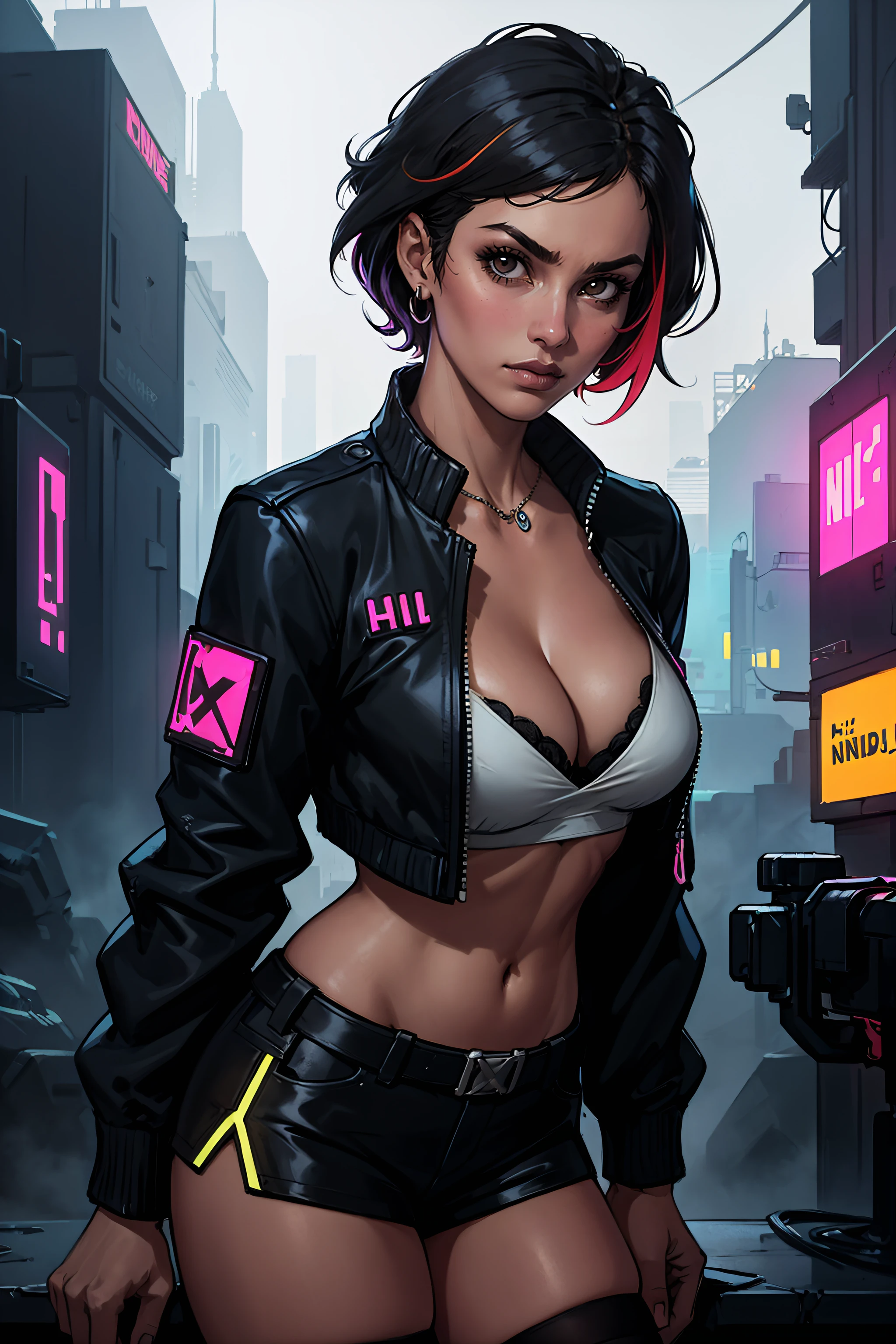 (masterpiece, highest quality, illustration), cyberpunk, dystopian, close-up, upper body, woman, solo, short hair, (black hair, multicolored hair), dark skin, brown eyes, small breasts, jewelry, cropped jacket, short shorts, stockings, midriff, (cleavage:1.6), facing the viewer, standing, night, neon, dark, moody lighting