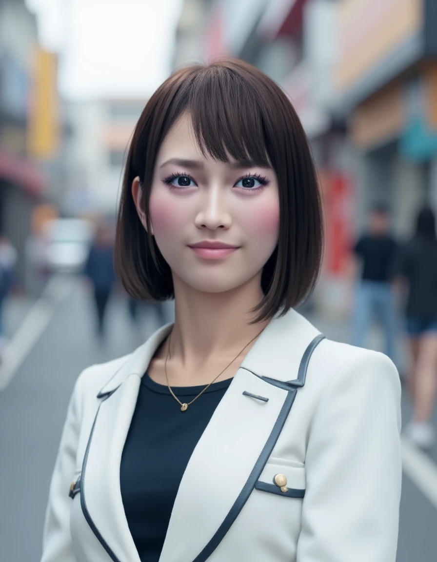 Upper body photo of skmkd smiling. She is wearing a necklace and a white blazer over a black top. The background implies a Japanese city street at daytime. <lora:Saeko_Mukoda_-_Flux-000001:1>