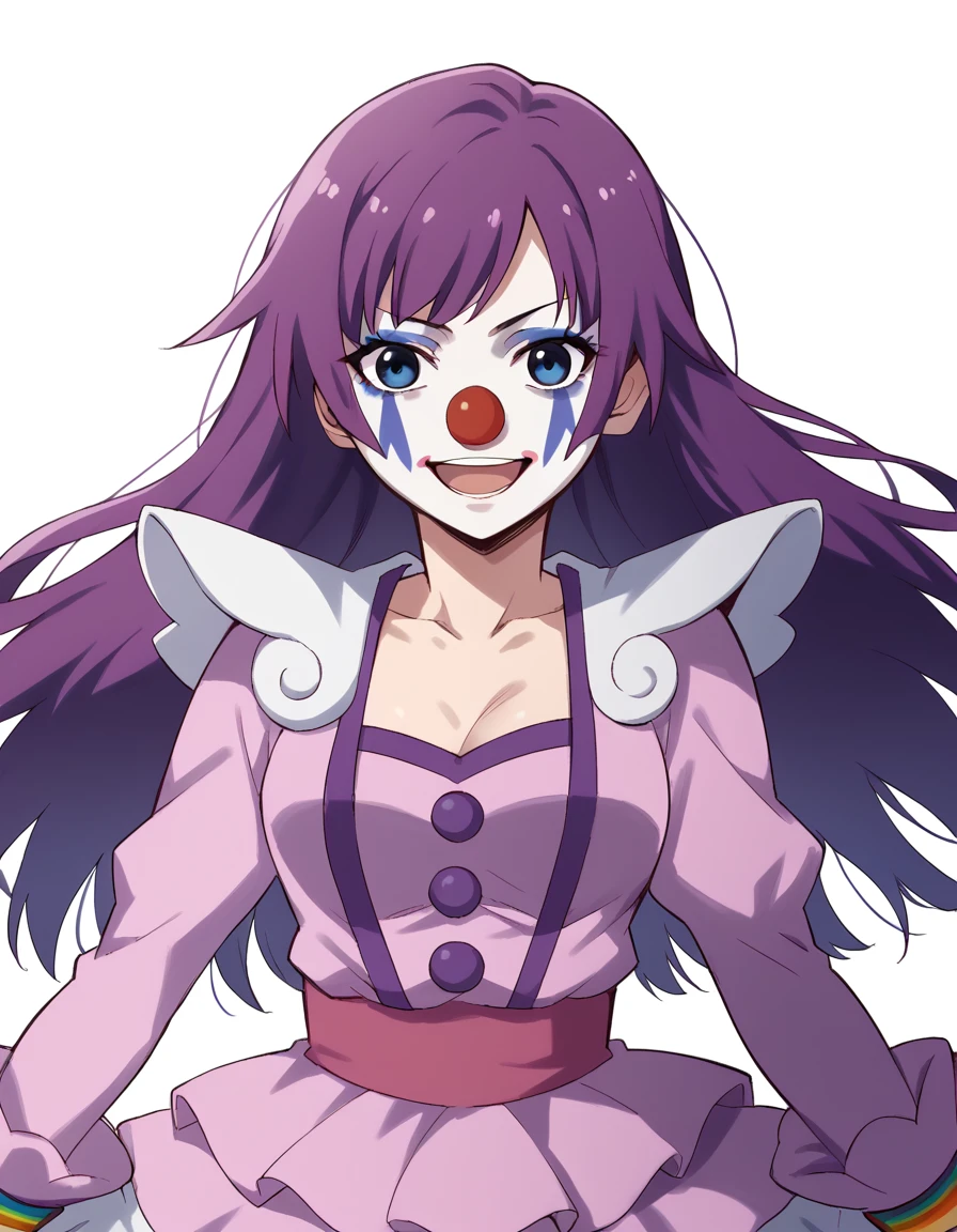 score_9, score_8_up, score_7_up, source_anime, hitagisenjougahara, <lora:hitagi-senjougahara-anime-ponyxl-lora-nochekaiser:1>, senjougahara hitagi, bangs, long hair, blue eyes, purple hair, medium breasts,, <lora:clown-ponyxl-lora-nochekaiser:1>, clown, makeup, clown nose, facepaint, gloves, long sleeves, frills, dress,, smile, open mouth, smug,, cowboy shot