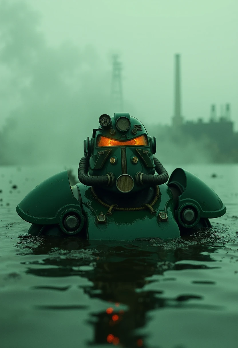 Imagine an image in the style of dramatic cinematic photorealism: The T51 power armor is submerged up to the chest in a radioactive swamp. The green glow from the water reflects off the helmet, while bubbles rise ominously around it. Mist hangs heavy in the air, with the faint outline of a ruined factory in the background, barely visible through the haze.