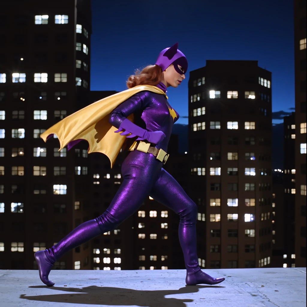 b4tg1rl woman, is wearing her usual attire doing a superhero landing with a fist on the ground on top of a concrete floor, she is looking determined and fierce and her cape is flowing with the wind, it is night and the lights of the city shine behind her with many buildings