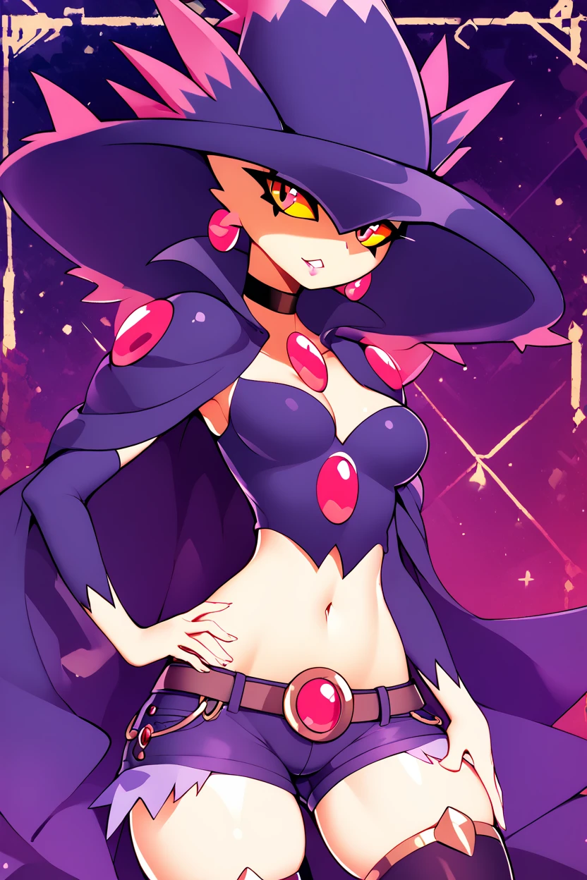 score_9, score_8_up, score_8,     BREAK, , ,,,   zzMismagius, witch hat, yellow sclera, no humans, <lora:Mismagius_Pokemon_PDXL:0.8>, ,,,  , BREAK, solo, thighhighs, navel, jewelry, medium breasts, cowboy shot, earrings, parted lips, shorts, choker, midriff, armor, short shorts, skindentation, black choker, shoulder armor, ,,, abstract background,  ,,, hand on hip, ,,, embedding:zPDXL, Expressiveh, ,,, <lora:Halphelt_PDXL-000008:0.8>, <lora:Uncensored_PonyXL_cpt_v02.09:0.4>, <lora:Expressive_H-000001:0.4>,