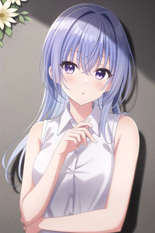 (masterpiece),suzuki hana, long hair, blue hair, purple eyes, 1girl, solo, shirt, sleeveless, white shirt, collared shirt, sleeveless shirt, upper body, hair between eyes, looking at viewer, bare arms, dress shirt, flower, parted lips