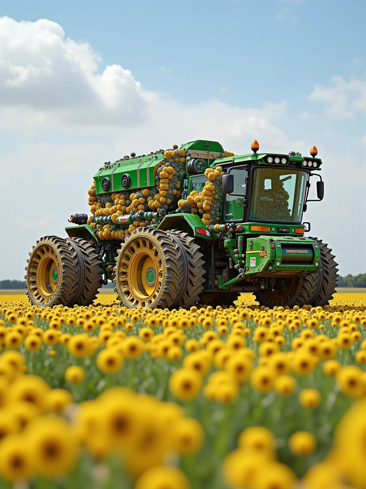 acidpolypite,a coil-like and high-tech tractor working on flower field