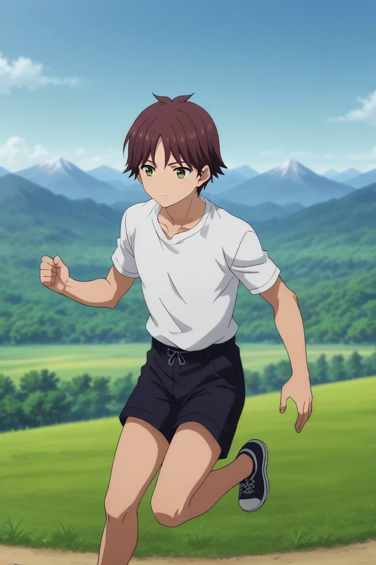 score_9, score_8_up, score_7_up, source_anime, rating_safe, , anime screencap, , , , depth of field, 1boy, solo, male focus, <lora:tasuku_yamane_pony:0.86>, tasuku_yamane, brown hair, green eyes, short hair, rule of thirds, mountain, day, sunny, jumping, expressionless, , <lora:sdxl_lightning_8step_lora:1>