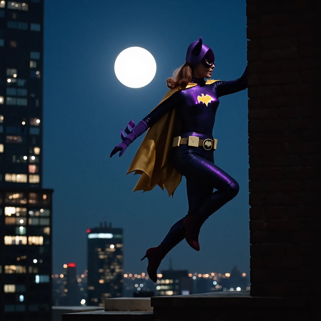 b4tg1rl woman, is wearing her usual attire jumping off a rooftop of a tall building in the middle of the night with a full moon behind her, she is doing a superhero pose with in a very dynamic and cinematic shot, the scene displays intense action and the darkness is only lit by the lights of the distant buildings