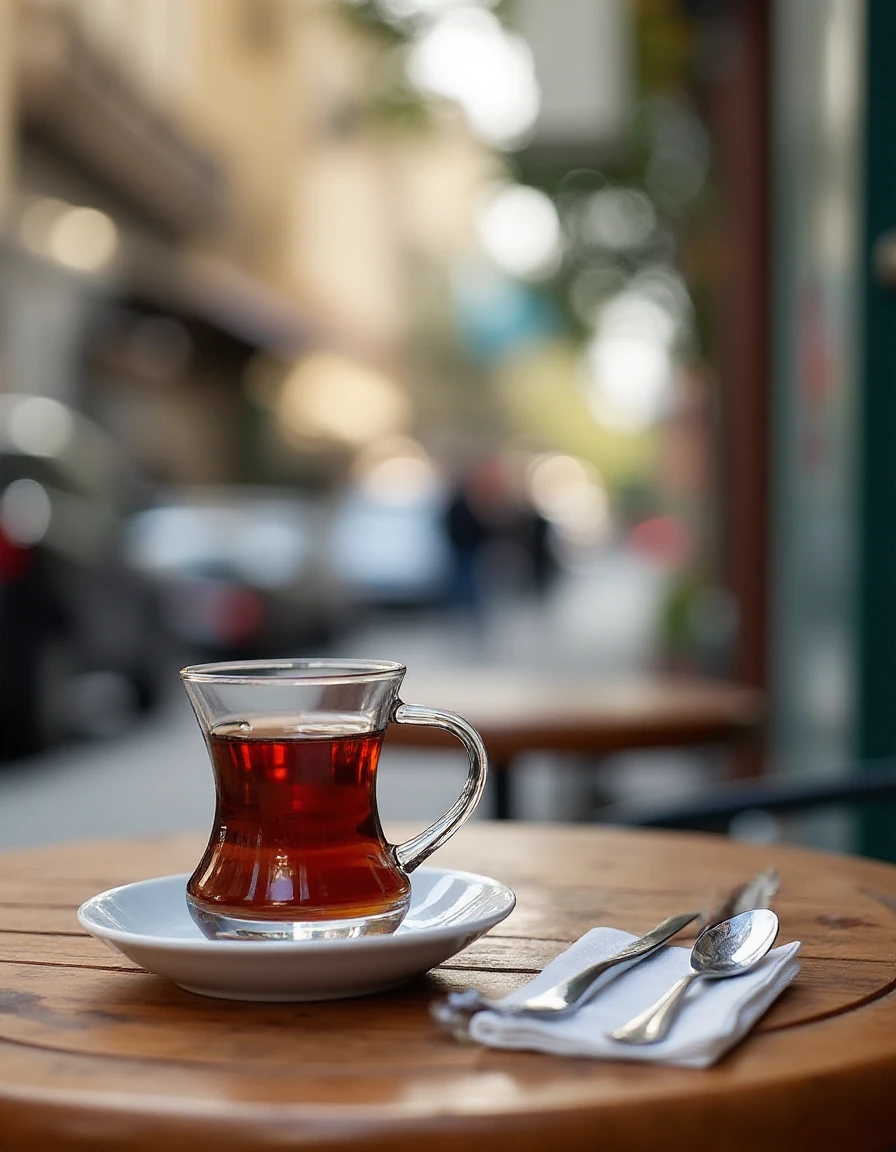 A glass of TurkishTea on a coffee table on the sideway near Bosphorus in Istanbul
 <lora:uai_TurkishTea_FLUX_v105:1>