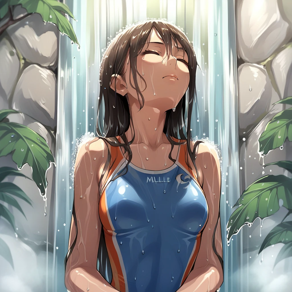 score_9, score_8_up, score_7_up, score_6_up, score_5_up, score_4_up, zPDXL2,source_anime,rating_questionable,solo, <lora:Underneath_Waterfall:0.8> w4terf4ll, waterfall, wet, closed eyes, shower, swimsuit