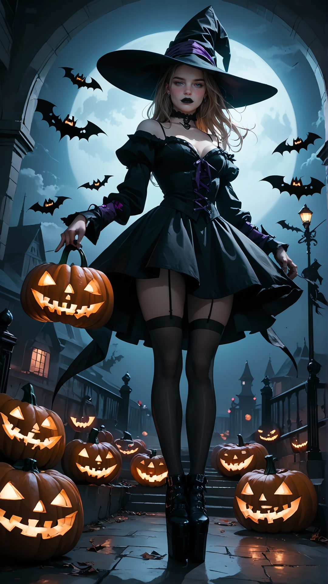 score_9, score_8_up, score_7_up, BREAK, 1 woman, blonde, long hair, very thin hair, grey background, simple background, wearing reij-bewitched, black dress, black choker, black platform shoes, black stockings, black hat, pumpkin tdetail  <lora:reij-bewitched:1>, modern magician interior, alchemist interior, gothic, night, neon light, dark dimmed light, looks at the viewer, (floating pumpkins:1.2), upper body, (front view:1.2), from below, reij-drkrt, dark colored shadow, neon details, low contrast, (purple color grading), <lora:reij-darked:0.5>