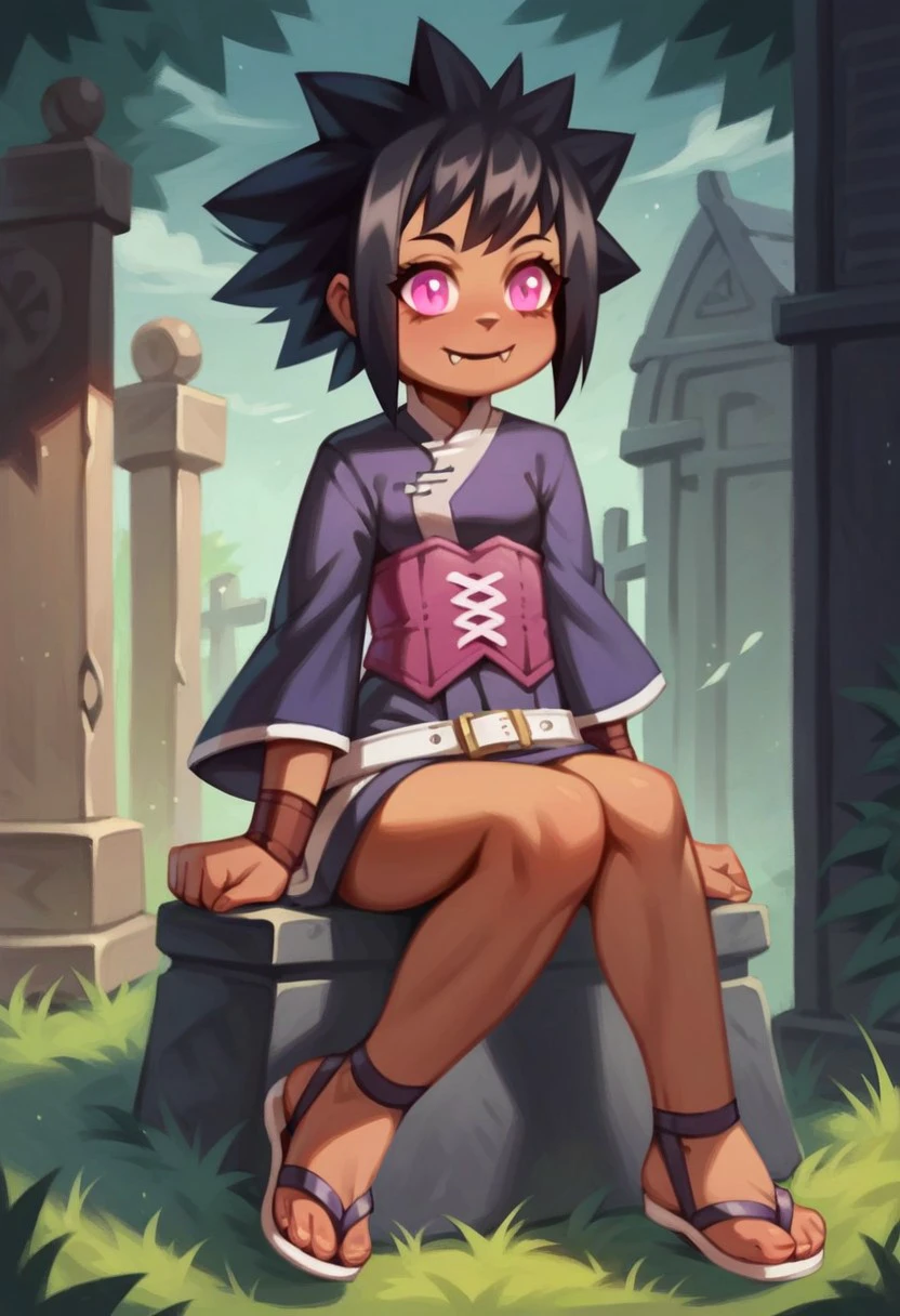 score_9_up, score_8_up, score_7_up, score_6_up, 1girl, solo, yuki_mysims, adult, short black hair, spiked hair, dark-skinned female, fangs, kimono dress, sandals, belt, pink eyes, purple eyes, smile, sitting on a tombstone, in a spooky graveyard, (realistic), (painted art)