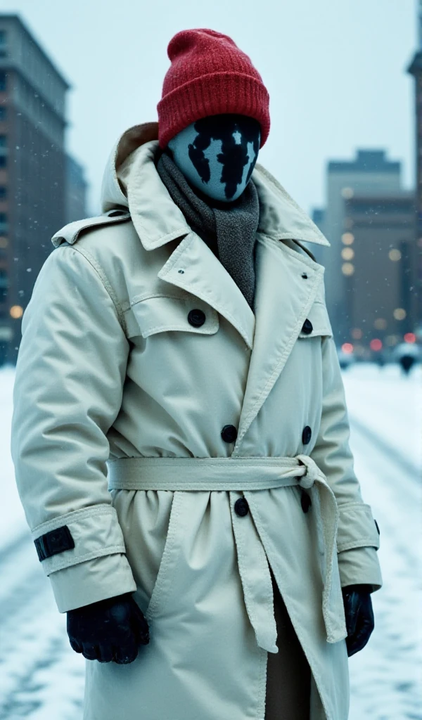 a full body Rorschach wears an oversized white padded hoodie and a red a sky beanie and black mitten in a city with snow<lora:Rorschach:0.8>