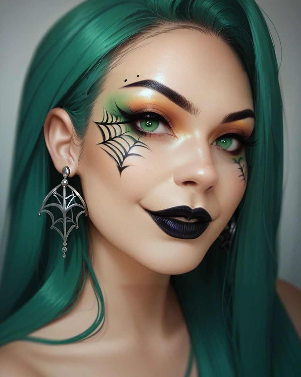 score_9_up, score_8_up, score_7_up, halloween makeup, 1girl, solo, black lips, jewelry, green eyes, long hair, earrings, makeup, smile, looking at viewer, lipstick, portrait, spider makeup <lora:NeoNi_HMUP:0.8>