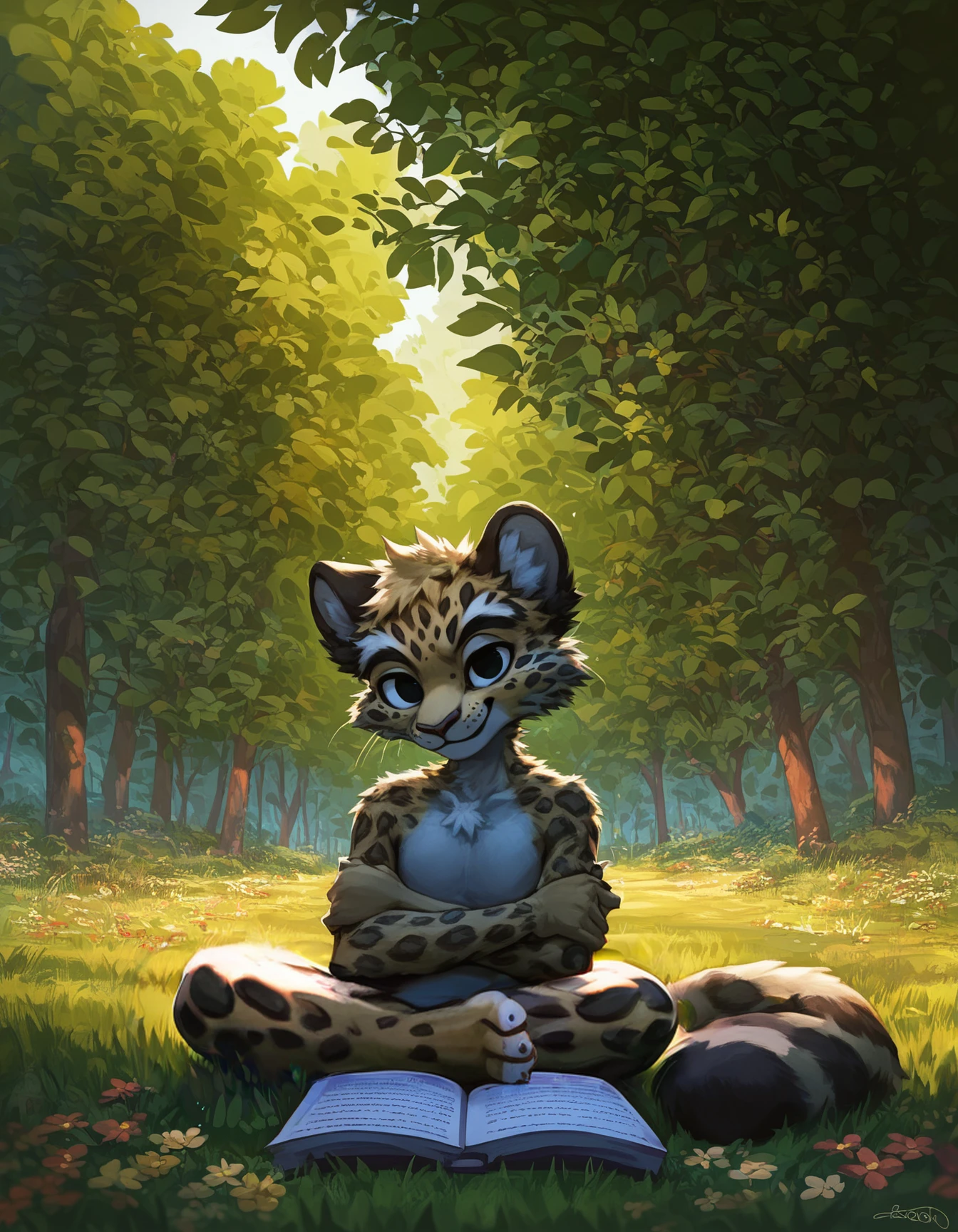 score_9, score_8_up, score_7_up, score_6_up, score_5_up, BREAK, jacato, furry, leopard, nude, sitting reading a book, edge light,crossed arms, smirk, detailed background, country village background, amazing background, Japan, grass, flowers, trees, street, crossed  legs , toes, 
<lora:Jacato_-_Art_Style-000007:1.1>,