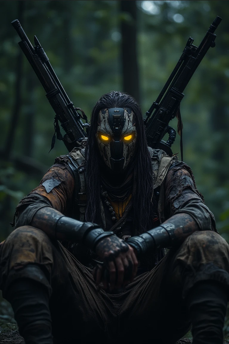 A mysterious figure sits calmly in a dense, shadowy forest, their face obscured by a high-tech mask with glowing yellow eyes. Clad in rugged, weathered clothing patched with tattered materials and tribal-like symbols, they exude a blend of ancient and futuristic elements. Strapped to their back are two massive rifles, suggesting seasoned prowess. Their hands, covered in fingerless gloves, rest on their knees, with tattoos peeking through the worn fabric. The surrounding forest is lush but shadowy, with dim light filtering through the trees, casting a muted green hue. The figure's relaxed posture hints at an ominous readiness, blending tribal survival gear with advanced weaponry.